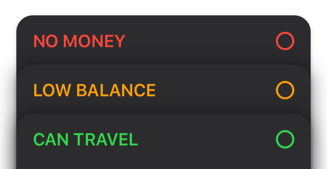 Three status indicators for each myki money state