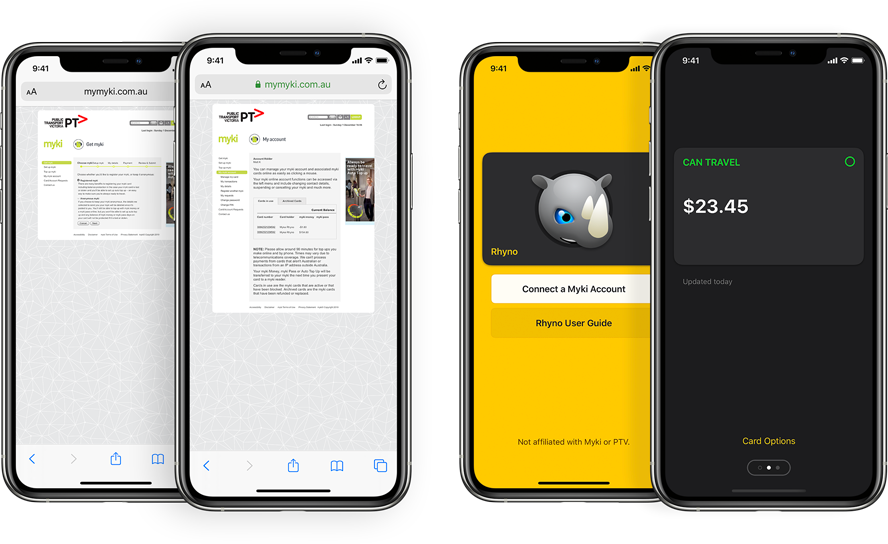 A side by side comparison between Myki's website and Rhyno on iPhone.